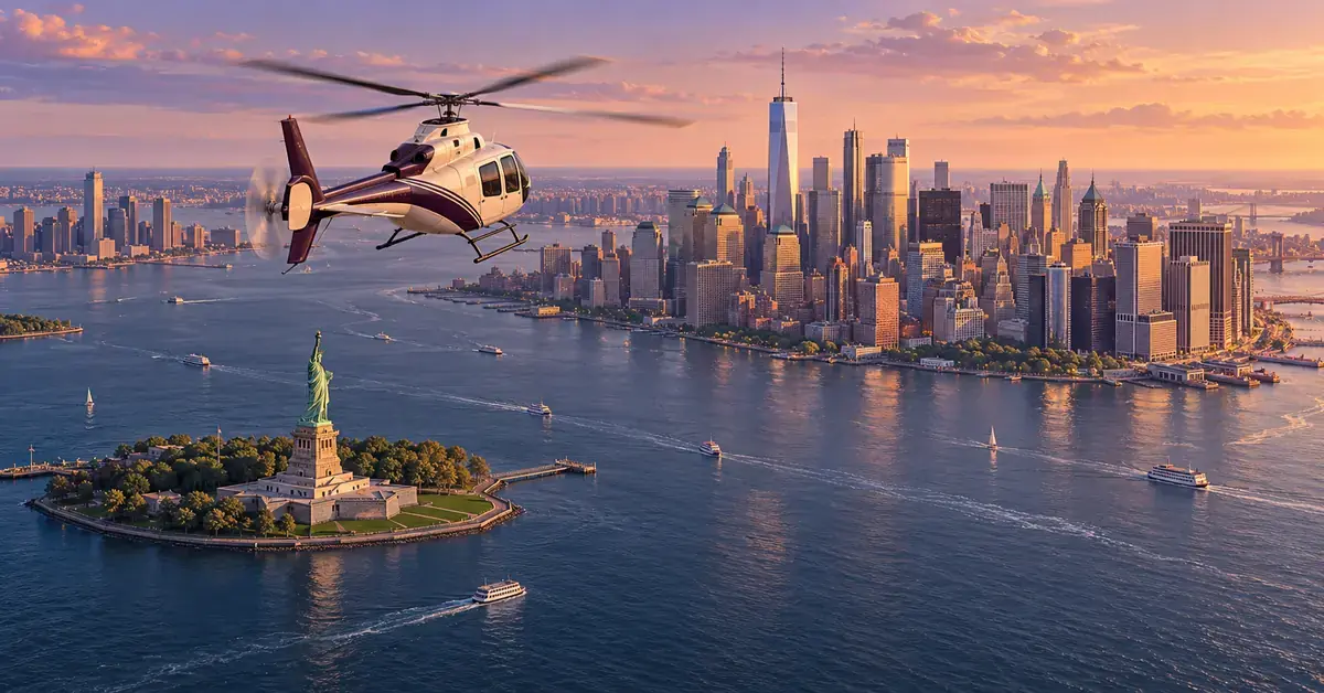 Kuvitus helikopterista New Yorkin sataman yllä, Vapaudenpatsas etualalla ja Manhattanin pilvenpiirtäjät ilta-auringossa taustalla.
