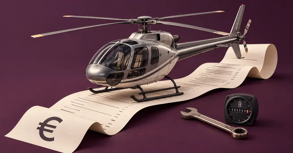 Helikopteri seisoo pitkän, euromerkillä varustetun kuitin päällä, ja vieressä olevat kiintoavain ja tuntimittari kuvaavat huollon ja lentotuntien kustannuksia.