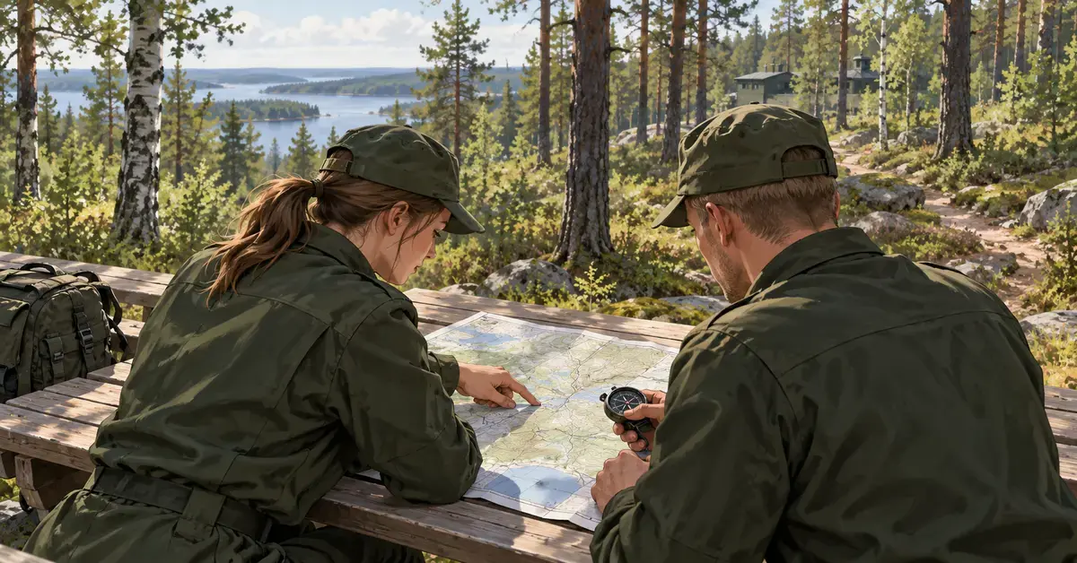 Kuvitus kahdesta rajavartijaopiskelijasta harjoittelemassa suunnistusta kartan ja kompassin avulla suomalaisessa metsämaisemassa.